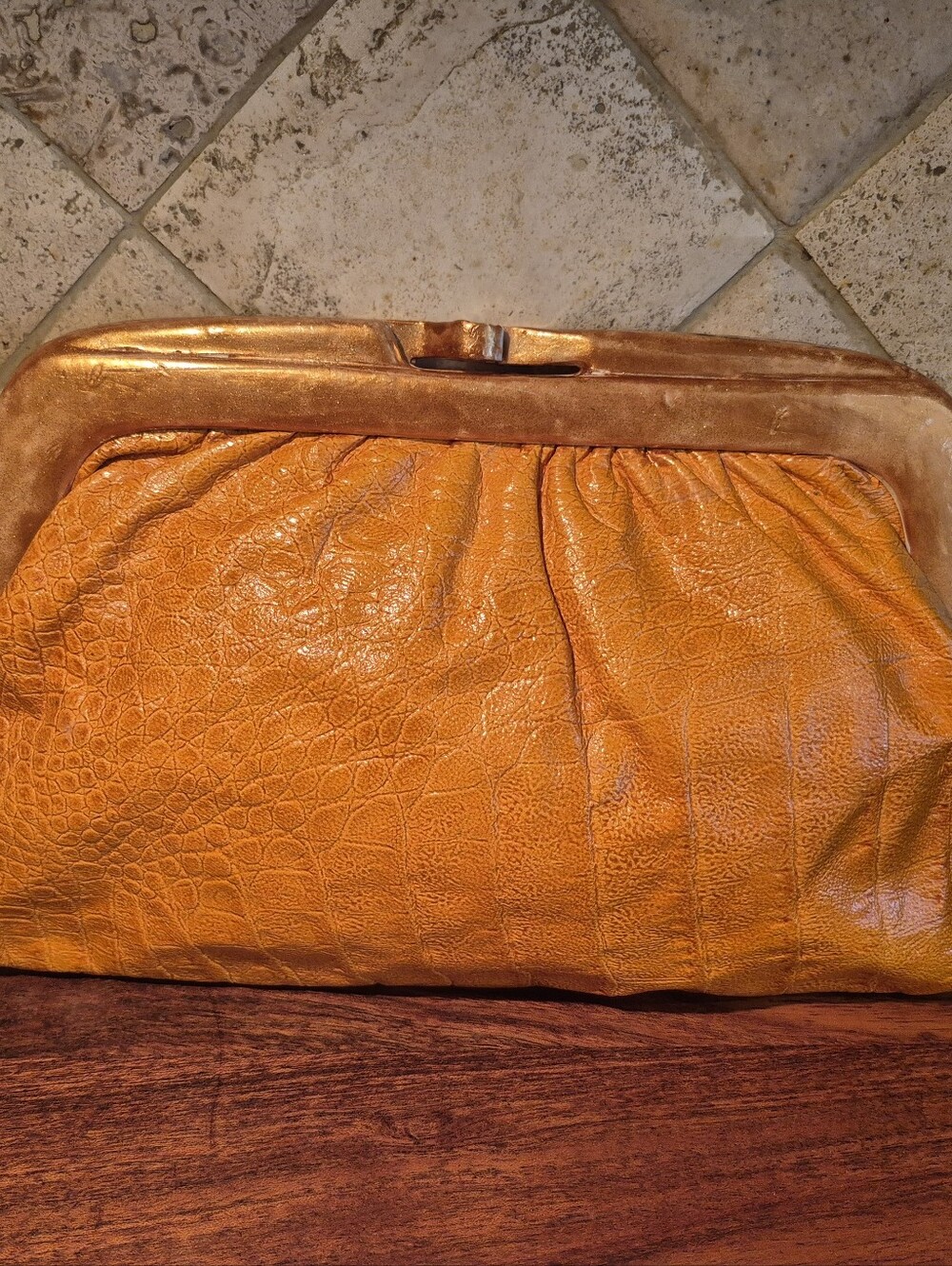 Vintage Leather Frame Clutch Bag in Cognac Orange